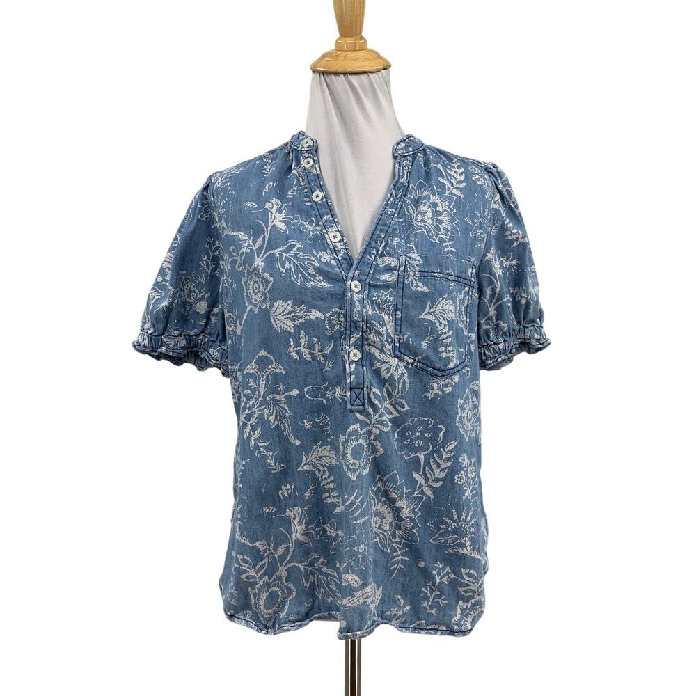 Pilcro Blouse Womens S Small Copen White Aly Puff Sleeve Floral Motif Split Hem